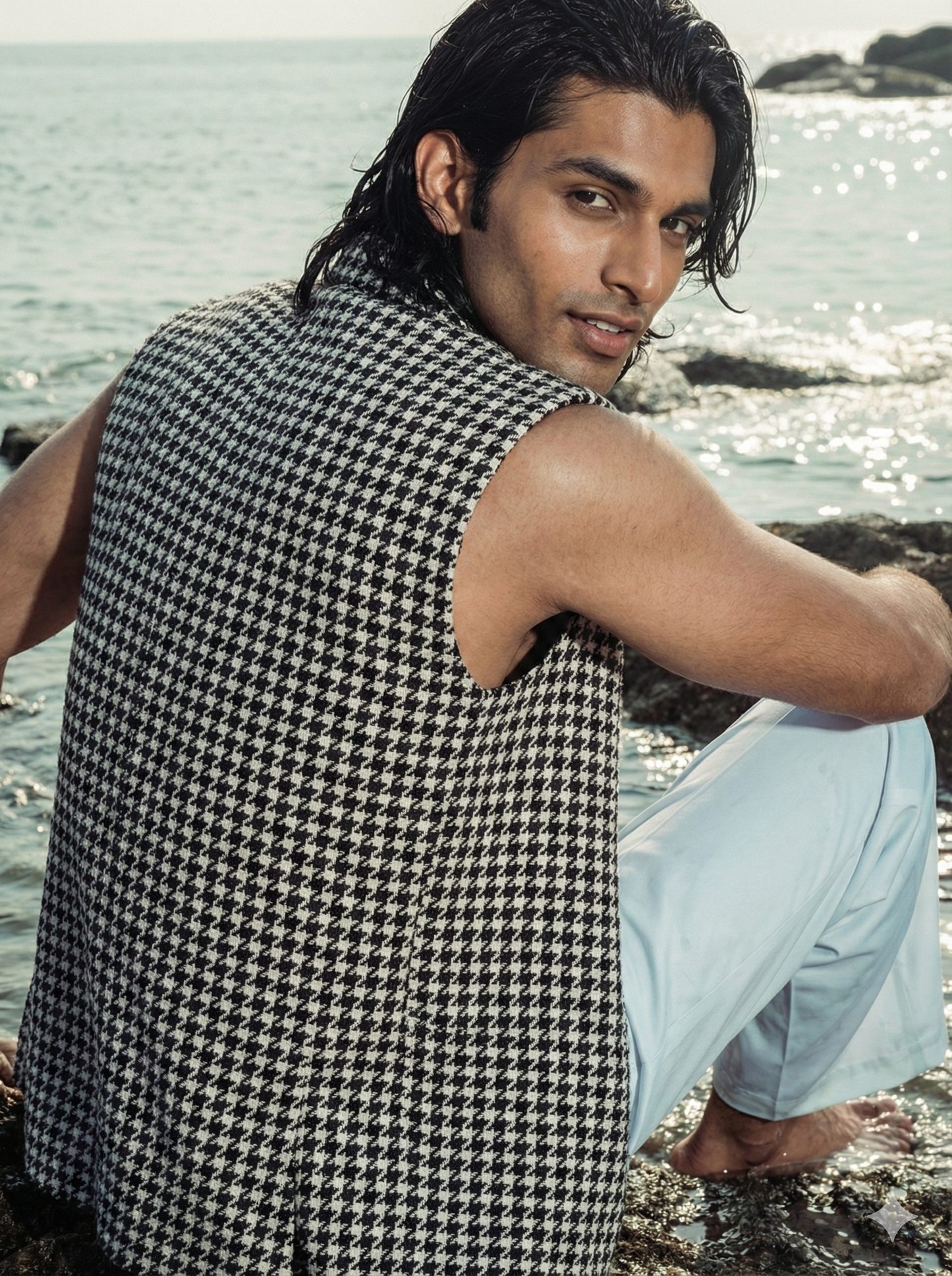 Handwoven Houndstooth Sleeveless Jacket | Khandaani