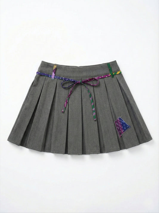Grey Pleated Mini Skirt with Handcrafted Gujarati Patchwork & Dori Belt