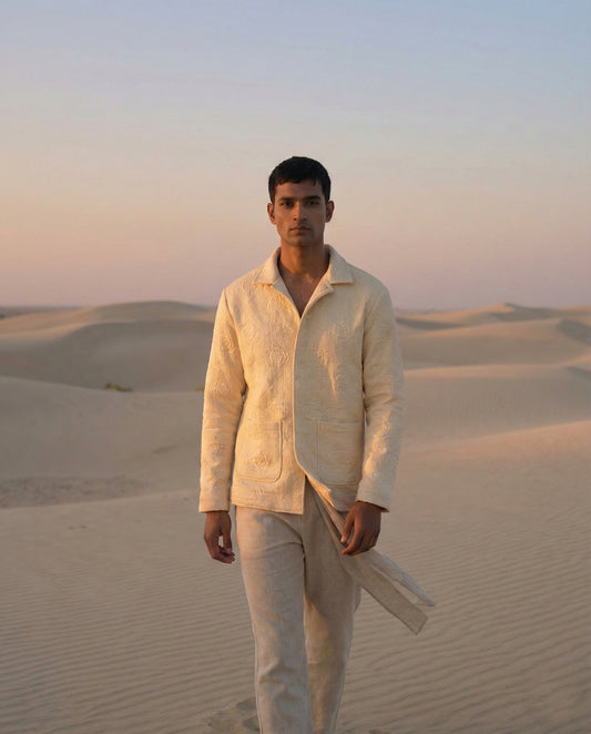 Embossed Jacquard Off-white Jacket | Sangmarmar Naqqashi Jacket | Khandaani