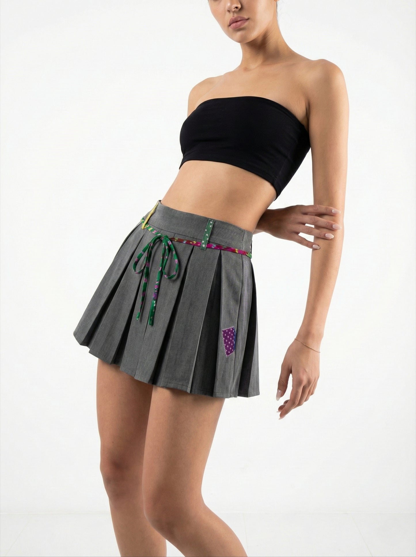 Grey Pleated Mini Skirt with Handcrafted Gujarati Patchwork & Dori Belt