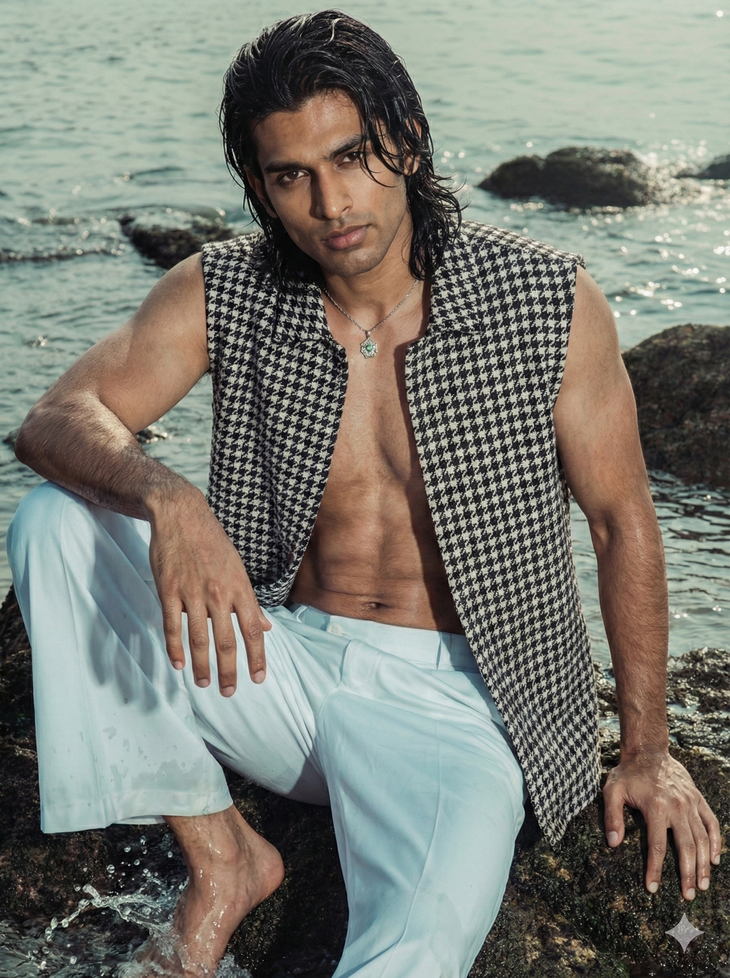 Handwoven Houndstooth Sleeveless Jacket | Khandaani