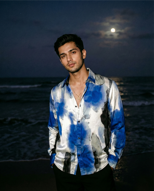 Shahi Syaahi Satin Shirt | Luxury Ink-Wash Eveningwear |  Khandaani