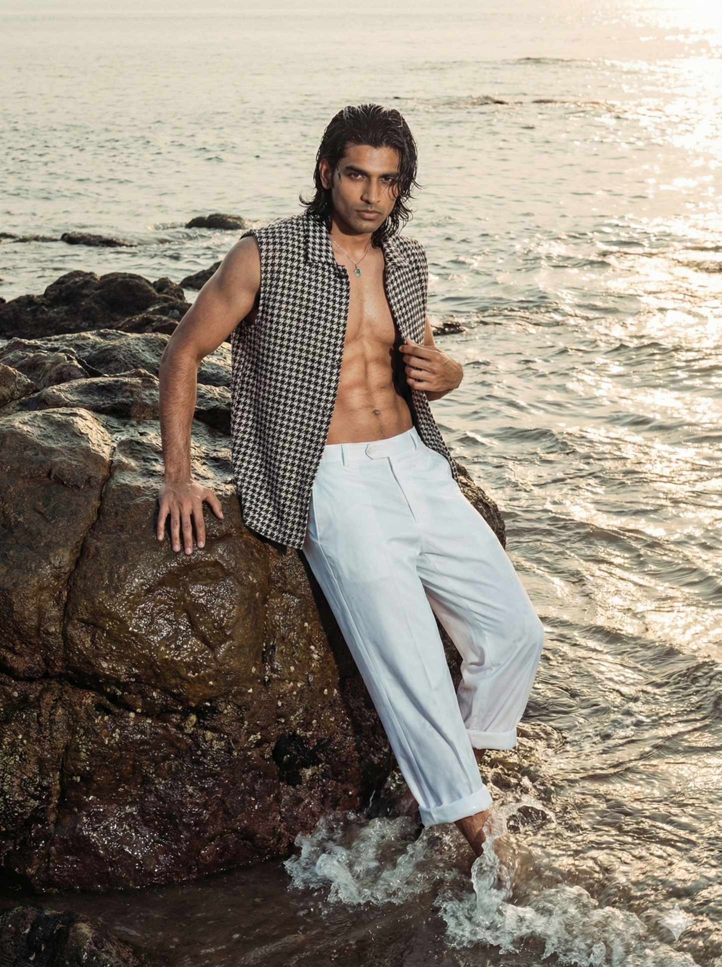 Handwoven Houndstooth Sleeveless Jacket | Khandaani