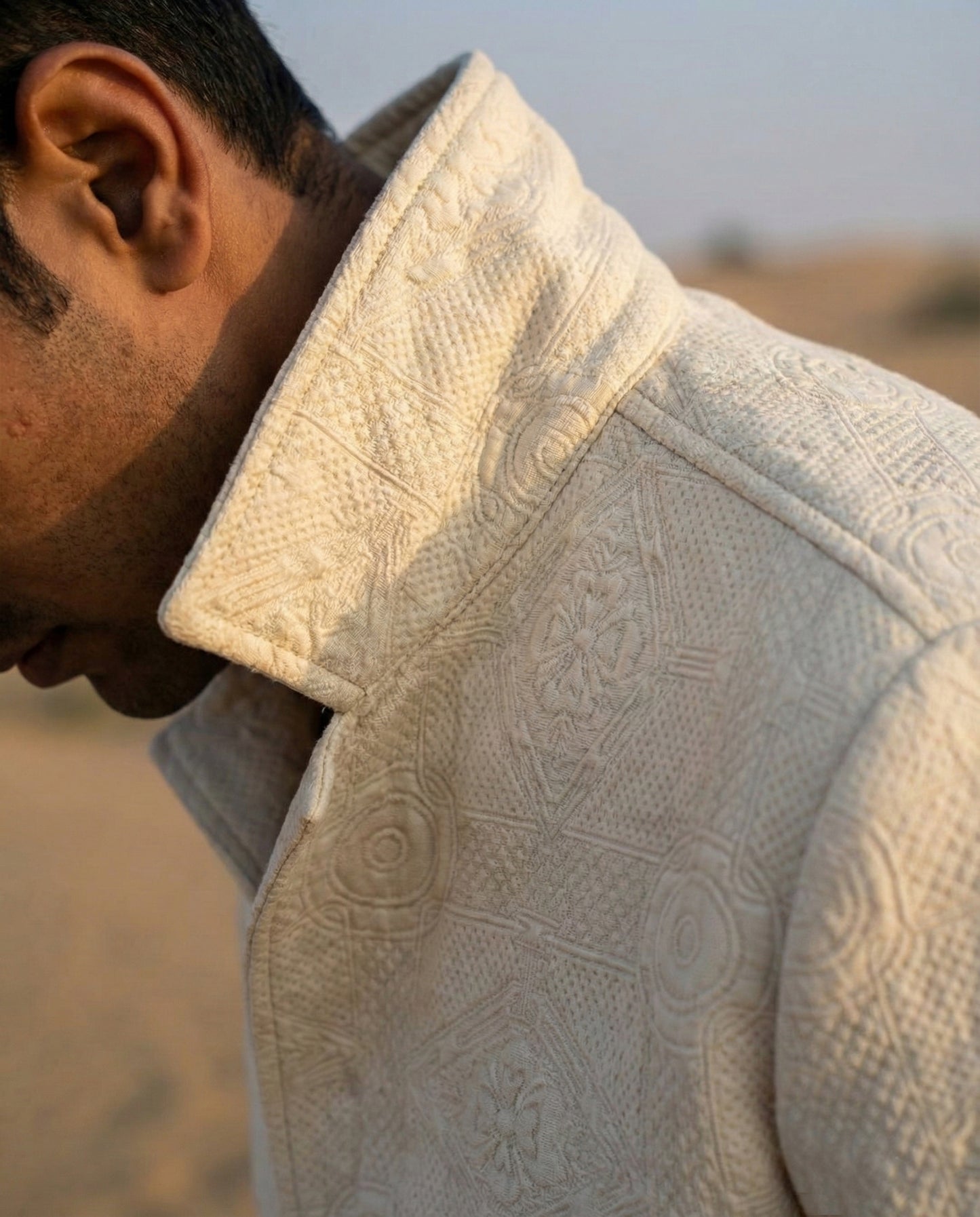 Embossed Jacquard Off-white Jacket | Sangmarmar Naqqashi Jacket | Khandaani