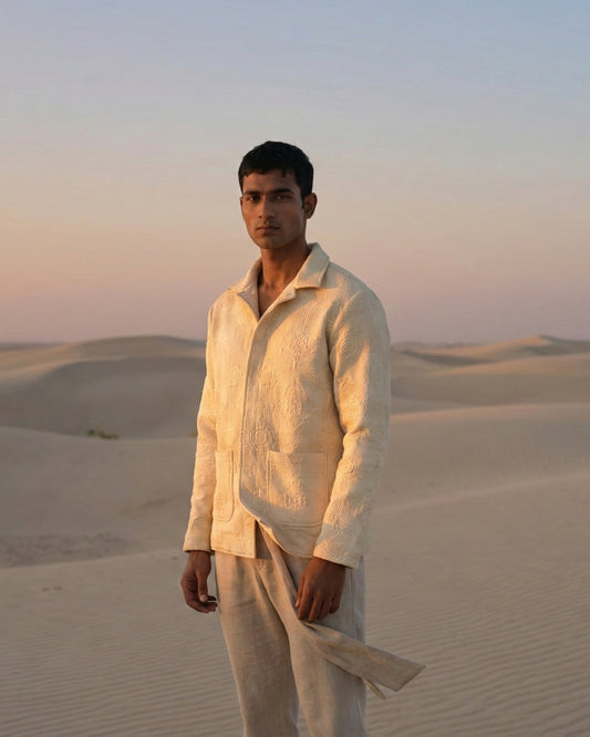 Embossed Jacquard Off-white Jacket | Sangmarmar Naqqashi Jacket | Khandaani