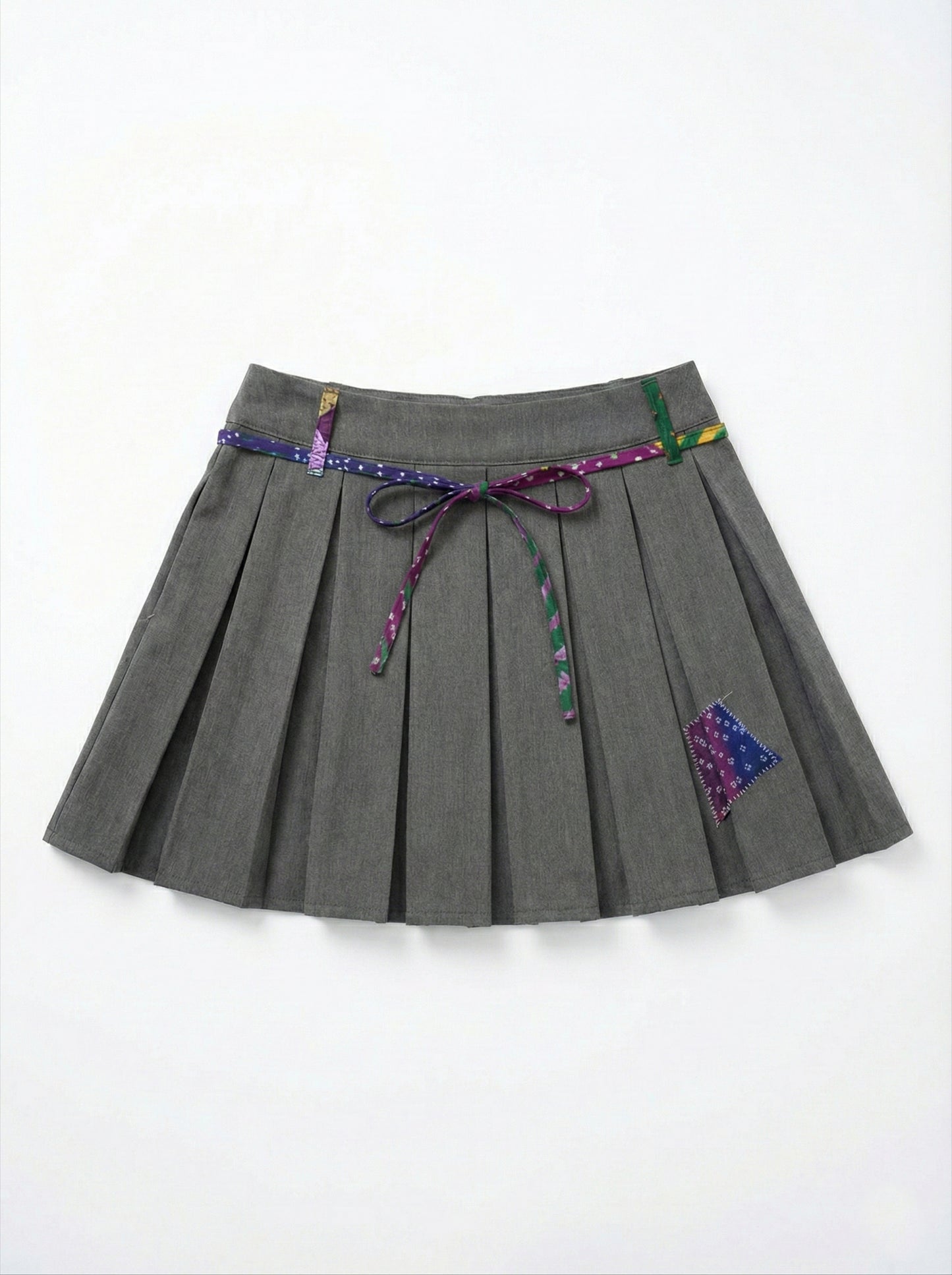 Grey Pleated Mini Skirt with Handcrafted Gujarati Patchwork & Dori Belt
